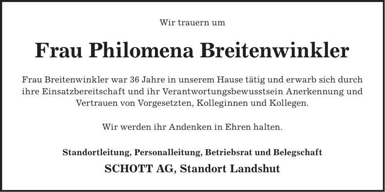 Traueranzeige Philomena Breitenwinkler