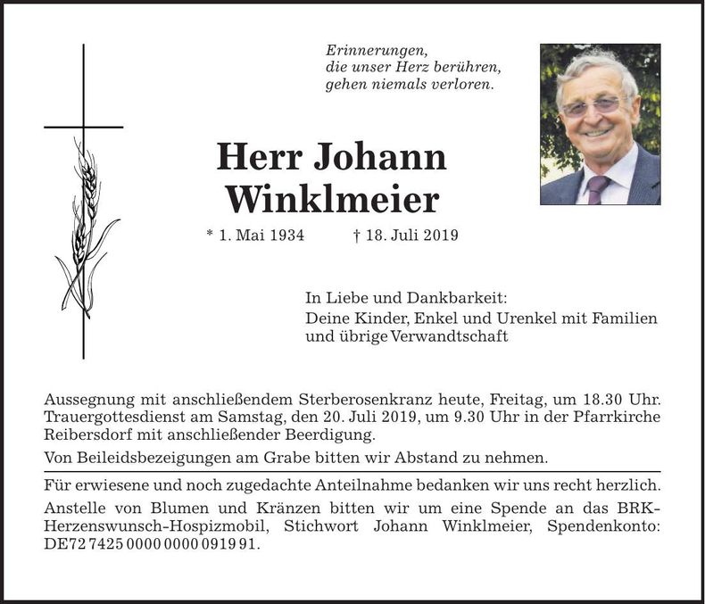 Traueranzeige Johann Winkelmeier