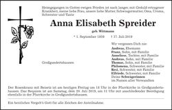 Traueranzeige Anna Elisabeth Spreider