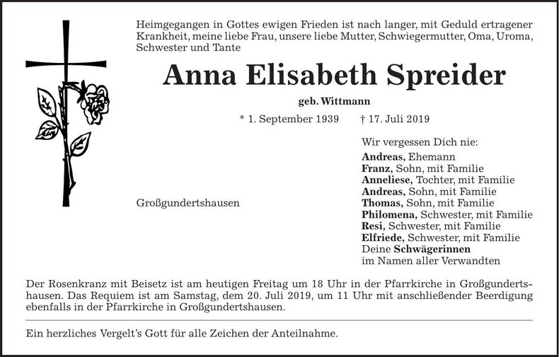 Traueranzeige Anna Elisabeth Spreider