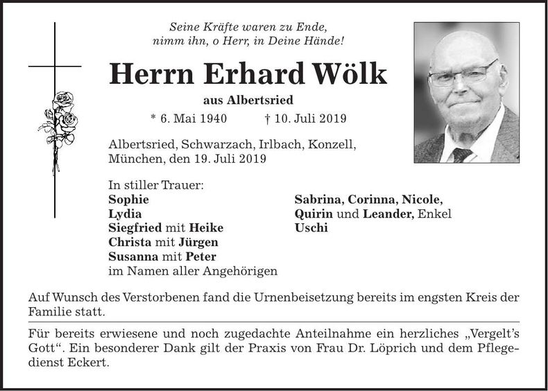 Traueranzeige Erhard Wölk