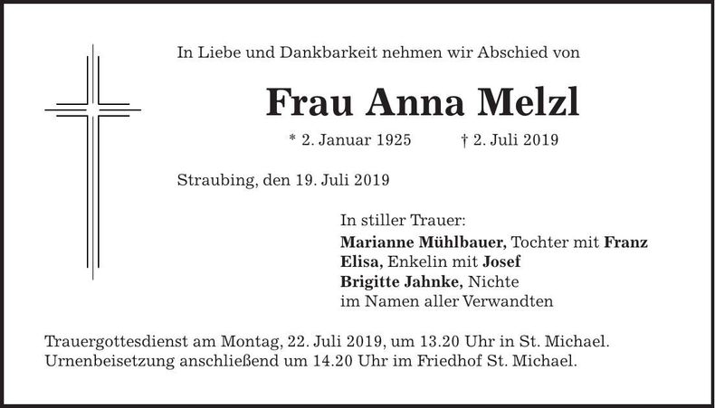 Traueranzeige Anna Melzl
