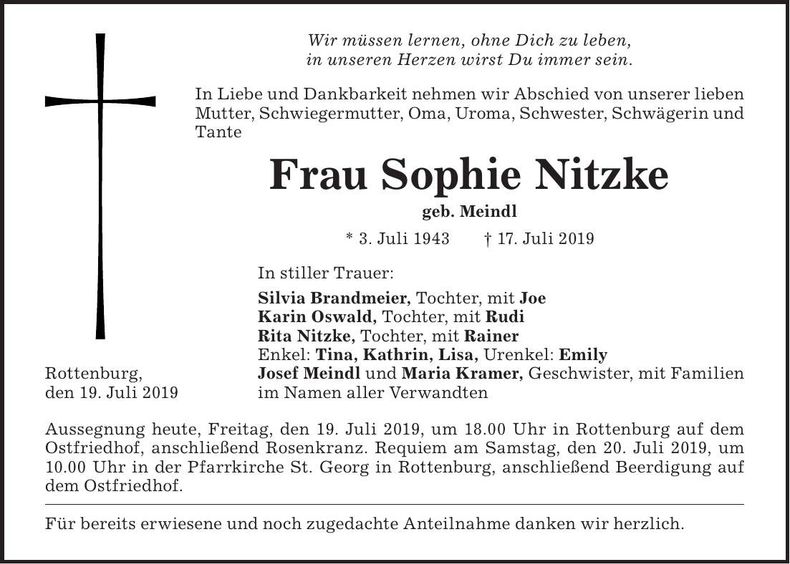 Traueranzeige Sophie Nitzke