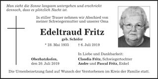 Traueranzeige Edeltraud Fritz