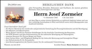 Traueranzeige Josef Zormeier