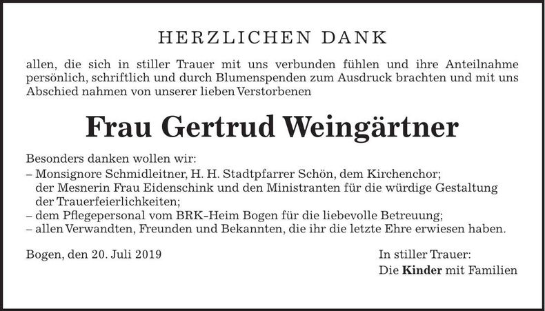 Traueranzeige Gertrud Weingärtner