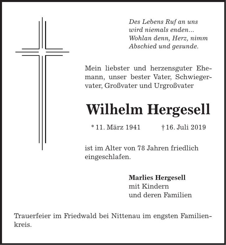 Traueranzeige Wilhelm Hergesell
