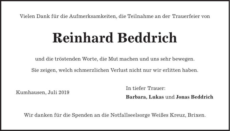 Traueranzeige Reinhard Beddrich