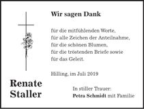 Traueranzeige Renate Staller