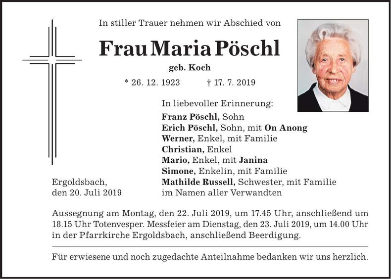 Traueranzeige Maria Pöschl