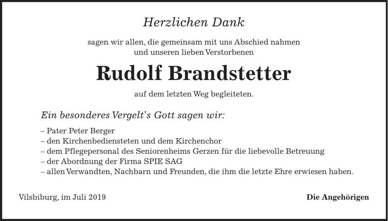 Traueranzeige Rudolf Brandstetter