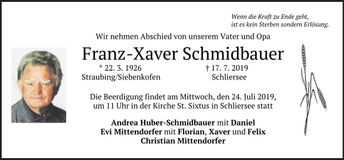 Traueranzeige Franz-Xaver Schmidbauer