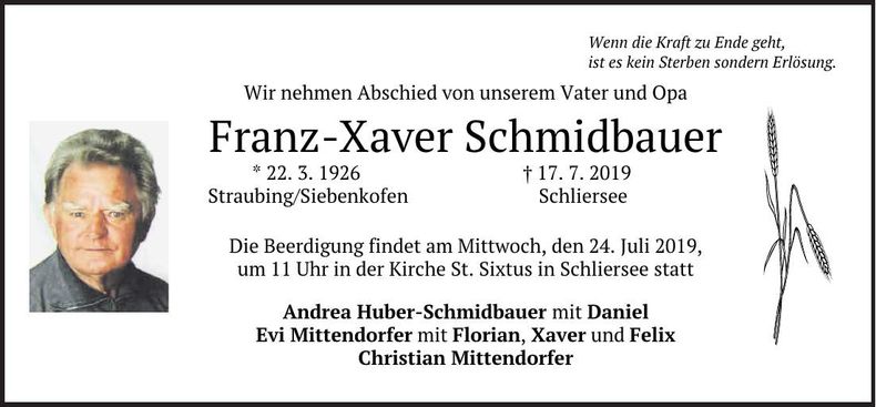 Traueranzeige Franz-Xaver Schmidbauer