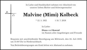 Traueranzeige Malvine Kolbeck