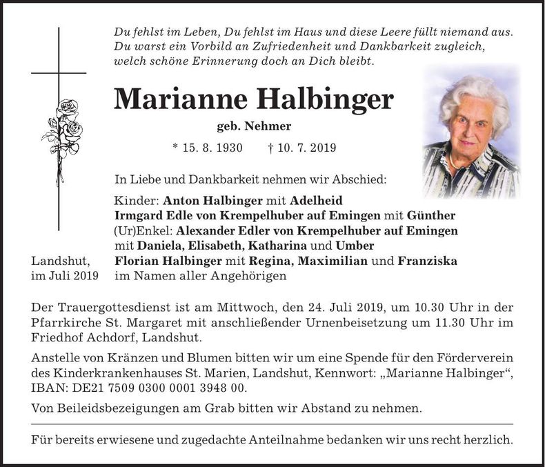 Traueranzeige Marianne Halbinger