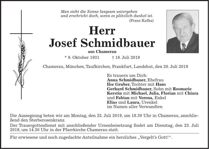 Traueranzeige Josef Schmidbauer
