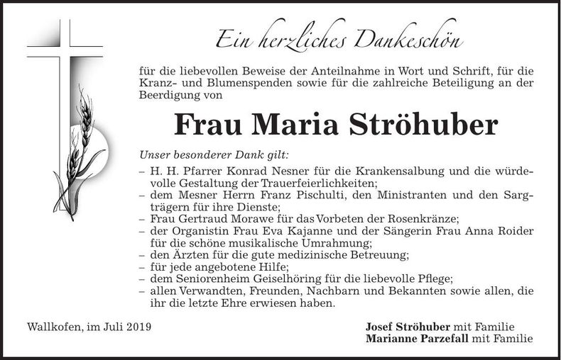 Traueranzeige Maria Ströhuber