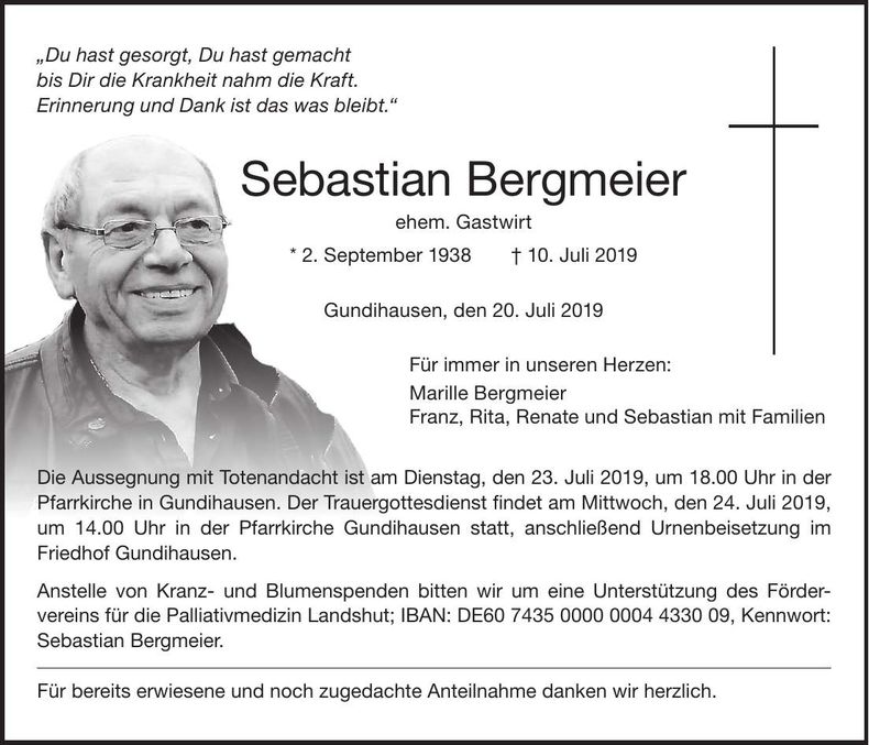 Traueranzeige Sebastian Bergmeier