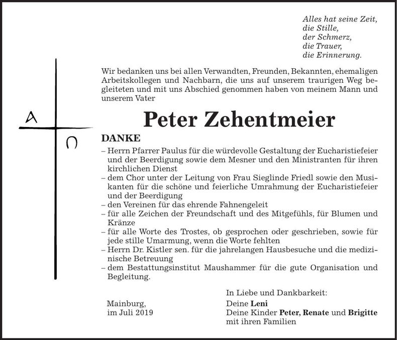 Traueranzeige Peter Zehentmeier