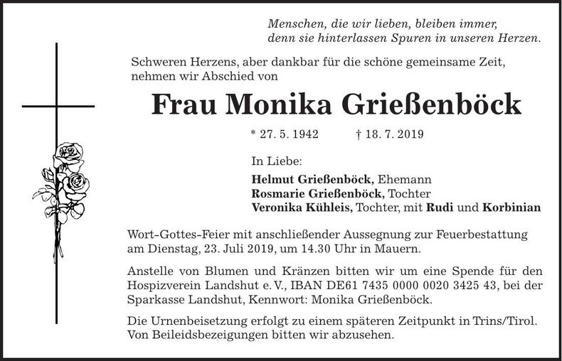 Traueranzeige Monika Grißenböck