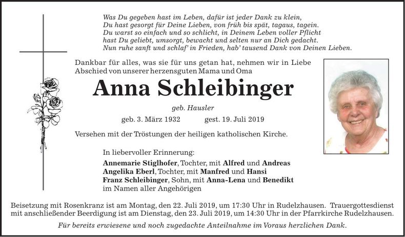 Traueranzeige Anna Schleibinger