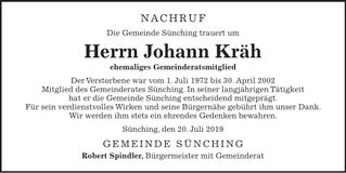 Traueranzeige Johann Kräh