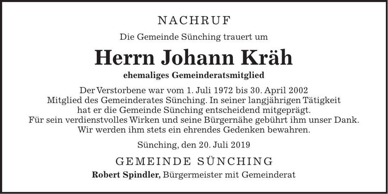 Traueranzeige Johann Kräh
