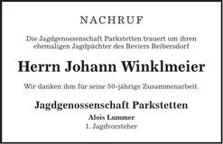Traueranzeige Johann Winkelmeier