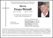 Traueranzeige Franz Weindl