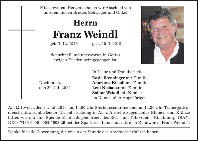 Traueranzeige Franz Weindl