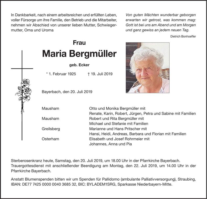 Traueranzeige Maria Bergmüller