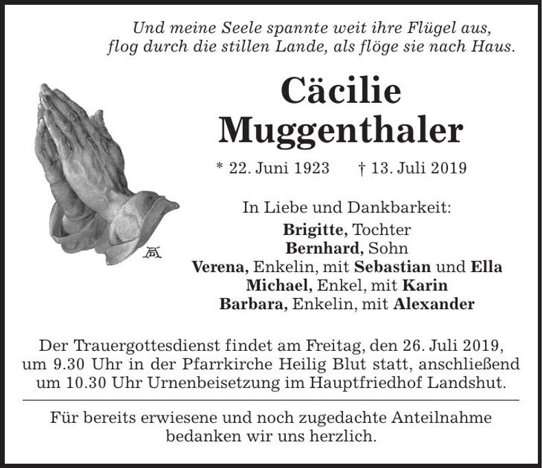Traueranzeige Cäcilie Muggenthaler