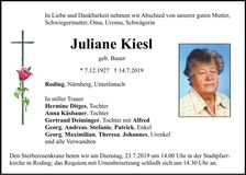 Traueranzeige Juliane Kiesl