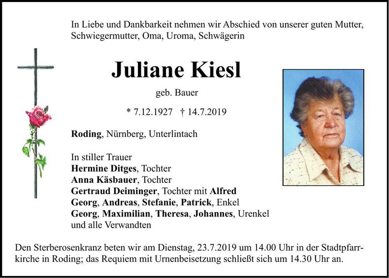 Traueranzeige Juliane Kiesl
