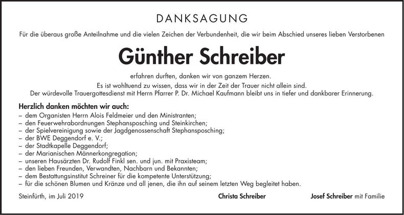Traueranzeige Günther Schreiber