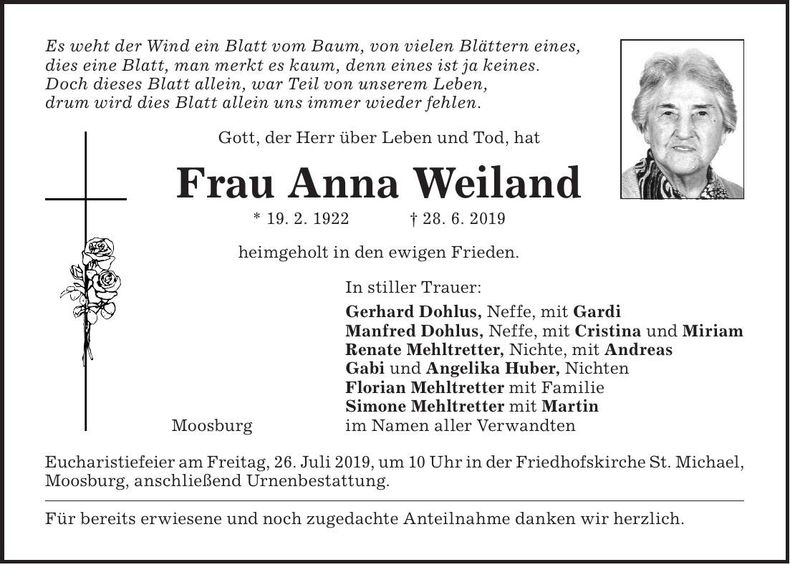 Traueranzeige Anna Weiland