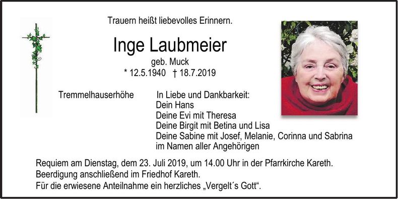 Traueranzeige Inge Laubmeier