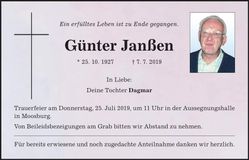 Traueranzeige Günter Janßen