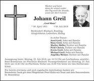 Traueranzeige Johann Greil