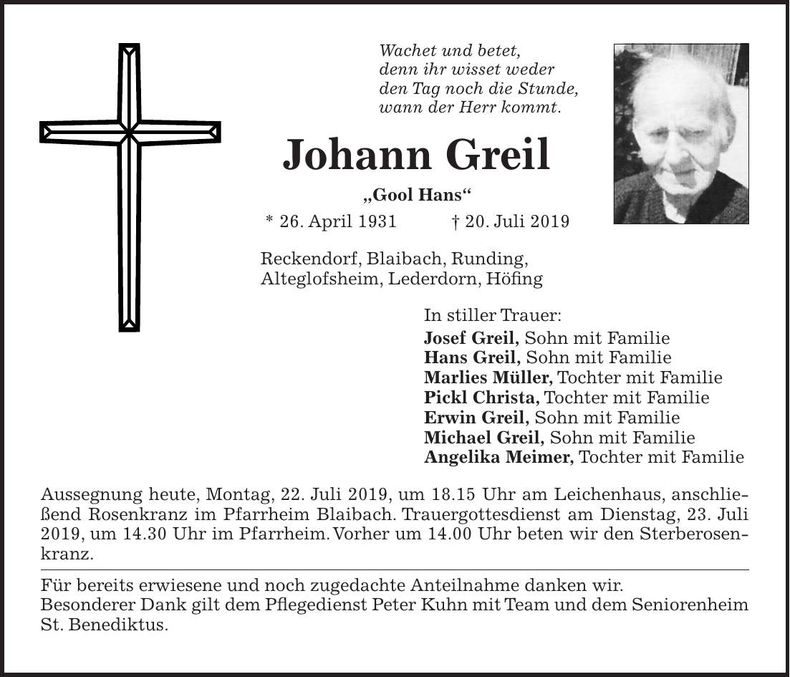 Traueranzeige Johann Greil