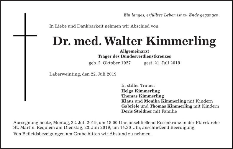 Traueranzeige Walter Dr. med. Kimmerling