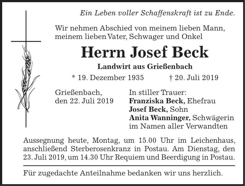 Traueranzeige Josef Beck