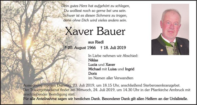 Traueranzeige Xaver Bauer