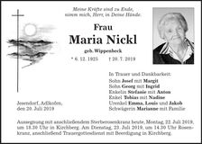 Traueranzeige Maria Nickl