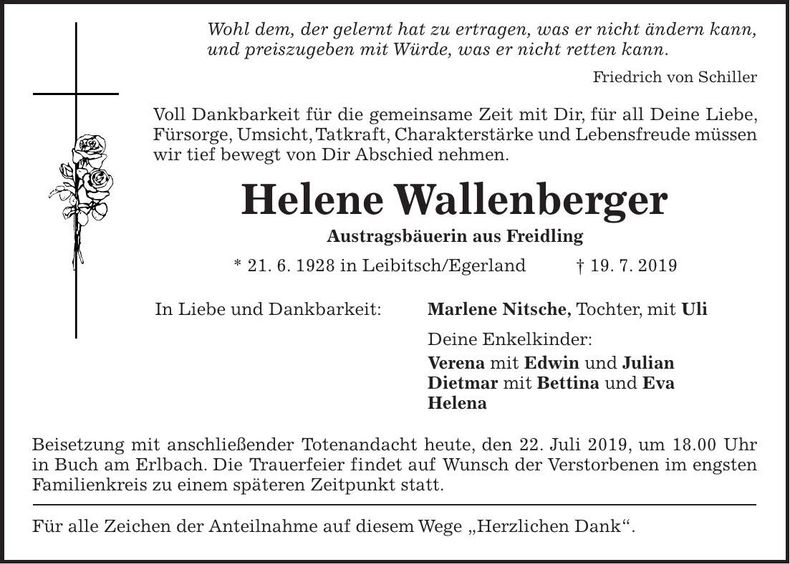 Traueranzeige Helene Wallenberger