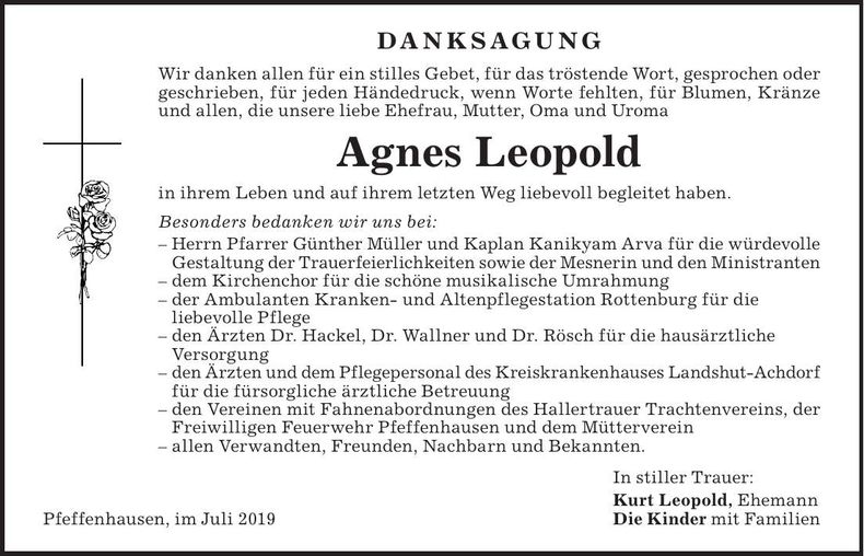Traueranzeige Agnes Leopold