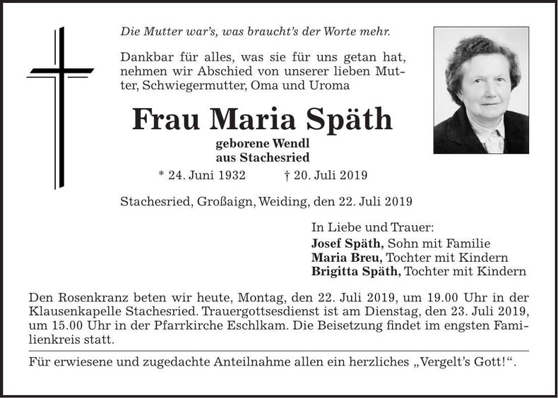 Traueranzeige Maria Späth