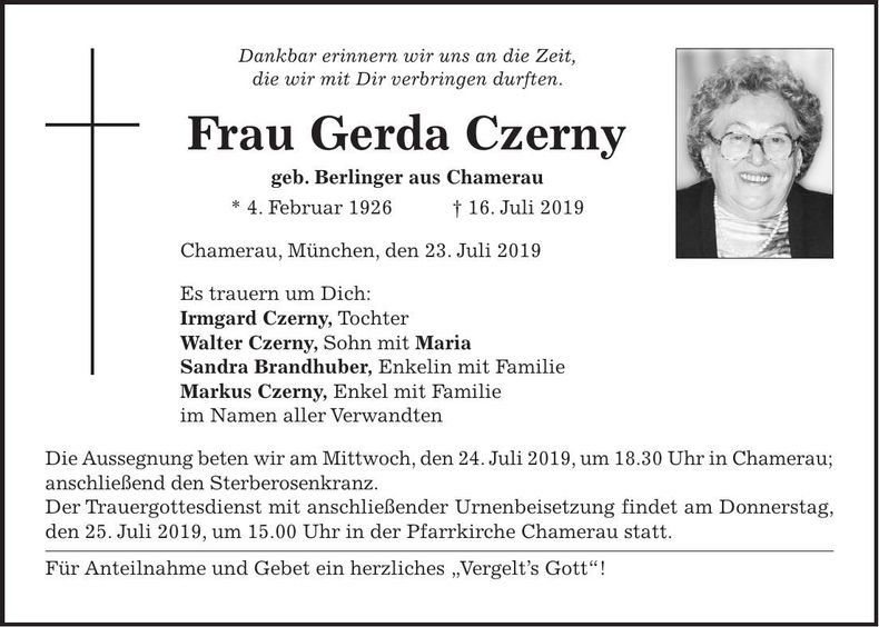 Traueranzeige Gerda Czerny