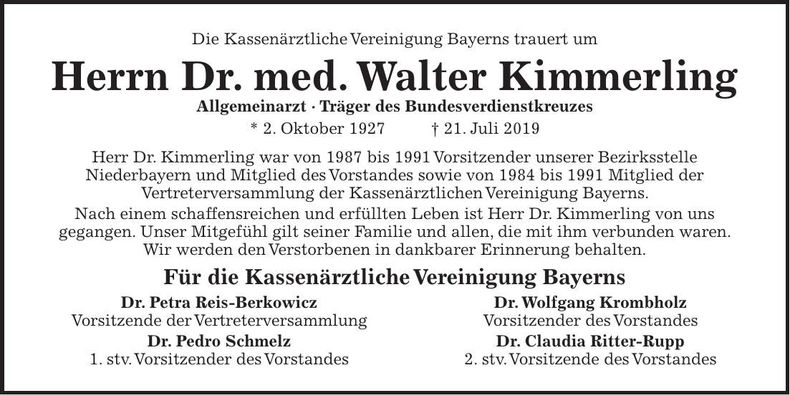 Traueranzeige Walter Dr. med. Kimmerling