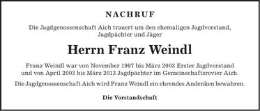 Traueranzeige Franz Weindl
